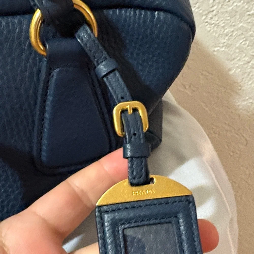 Prada Vitello Daino Bauletto Midnight Blue Pebbled Leather Satchel - Picture 5 of 13